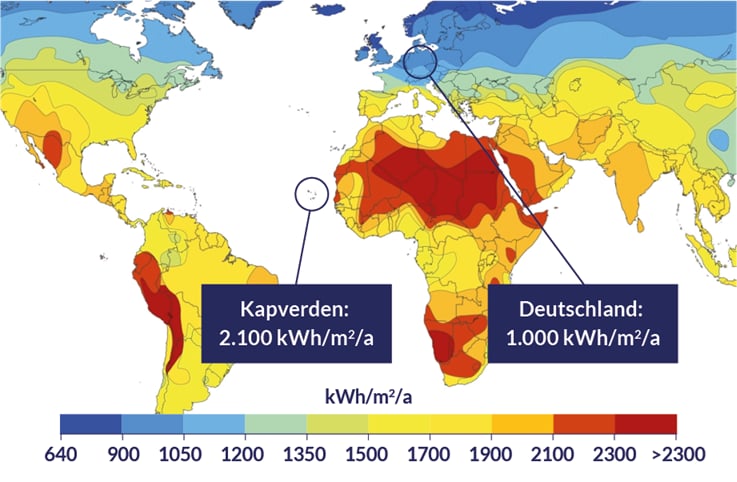 Globale Solarstrahlung - Kapverden 2.100 vs Deutschland 1.000 kWh/m²/Jahr